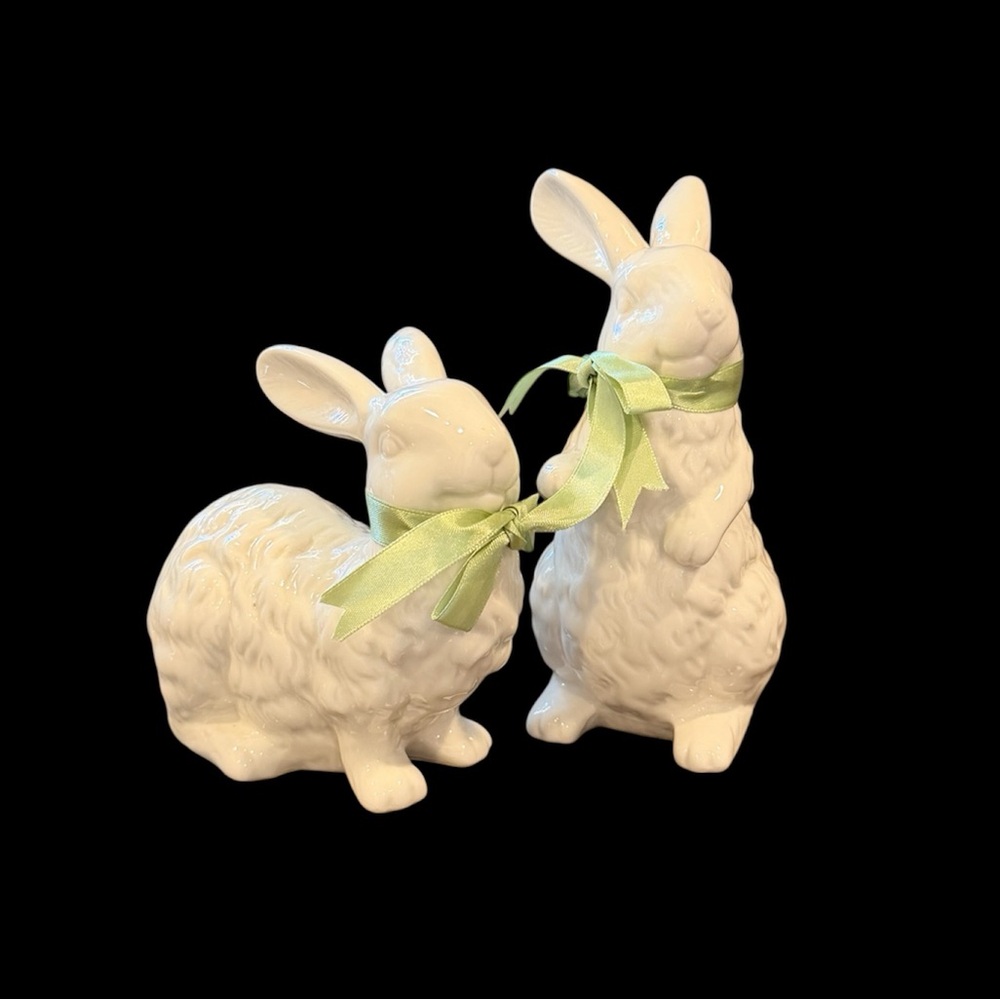Vtg Pair of White Ceramic Bunny Figurines w/Green Bows-Spring - Picture 3 of 8